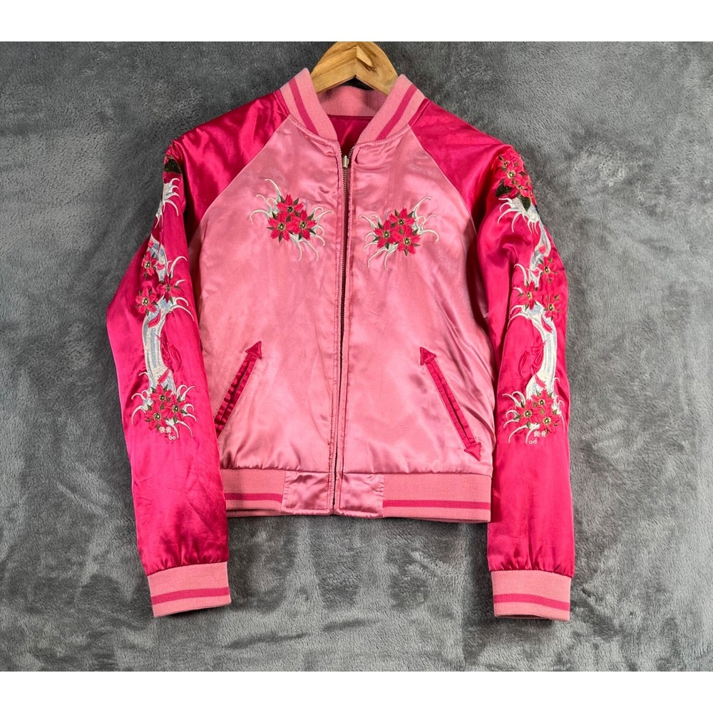 Forever 21 Satin Bomber Jacket Small Pink Embroidered Sukajana Japanese Style